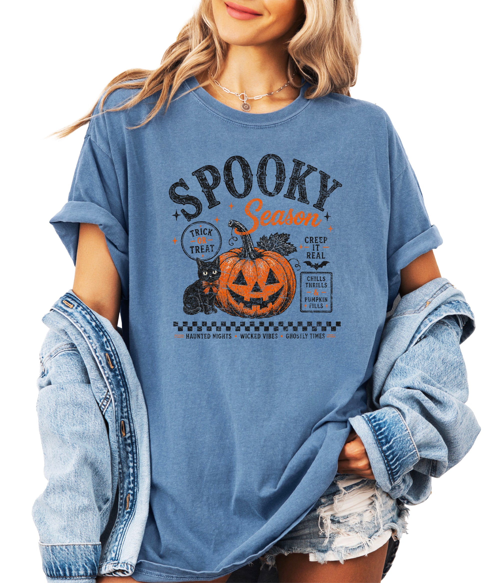 Spooky Season Halloween pumpkin black cat tee in Blue Jean, styled detail