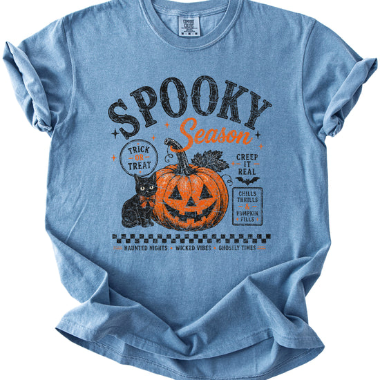 Spooky Season Halloween pumpkin black cat tee in Blue Jean, close up of retro poster print