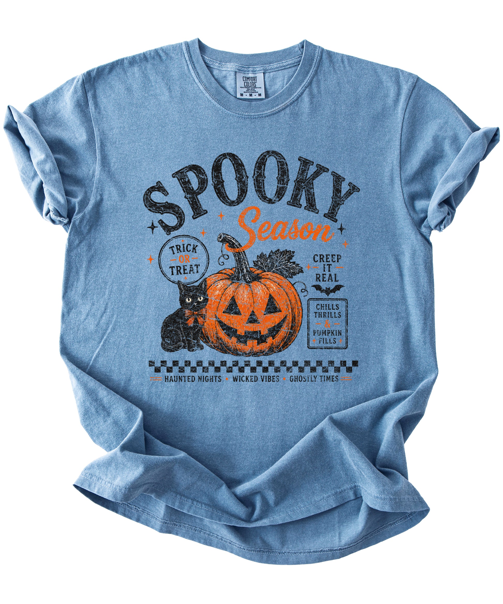 Spooky Season Halloween pumpkin black cat tee in Blue Jean, close up of retro poster print