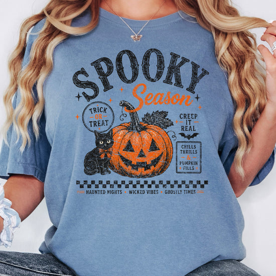 Spooky Season Halloween pumpkin black cat tee in Blue Jean, lifestyle shot