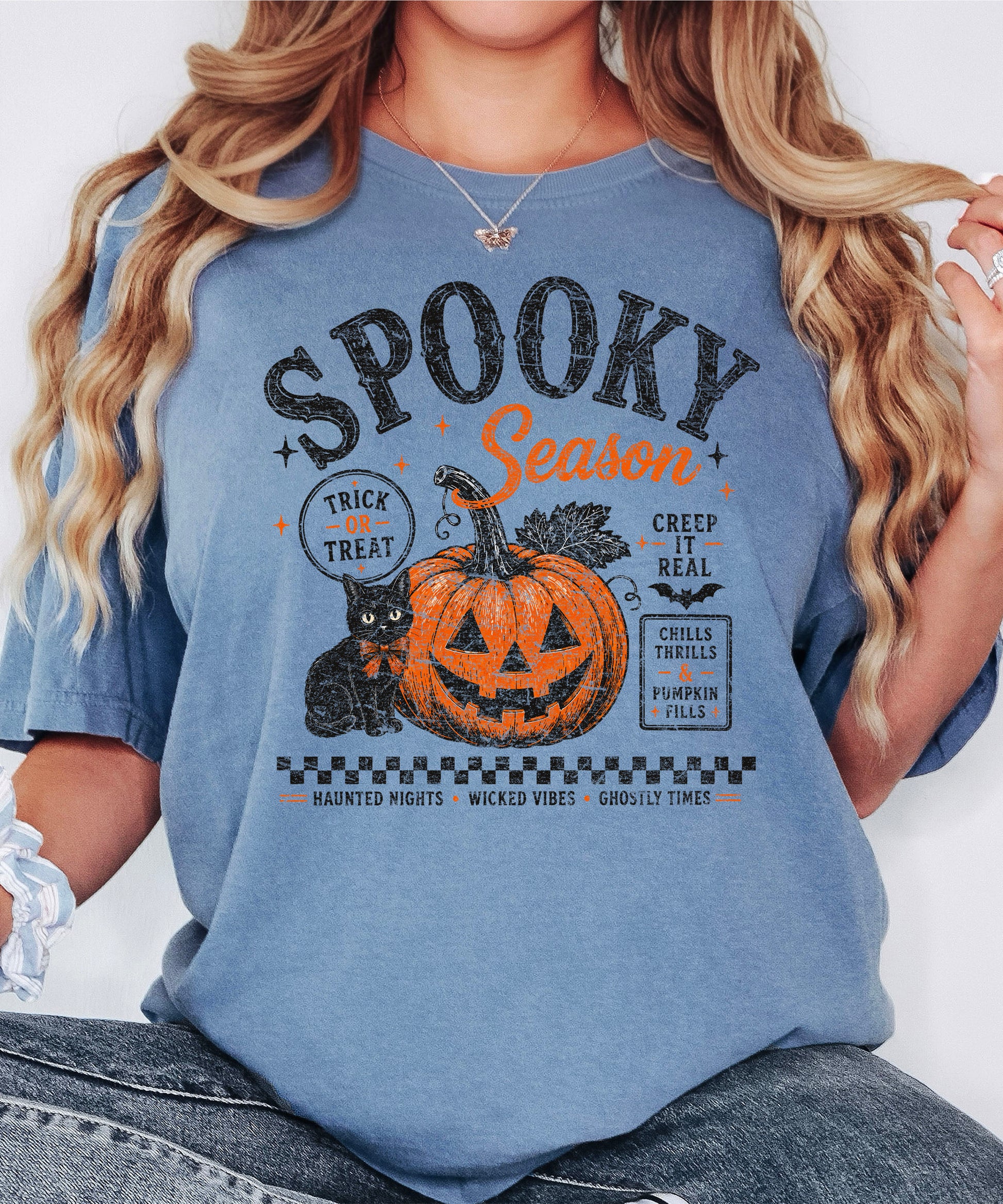 Spooky Season Halloween pumpkin black cat tee in Blue Jean, lifestyle shot