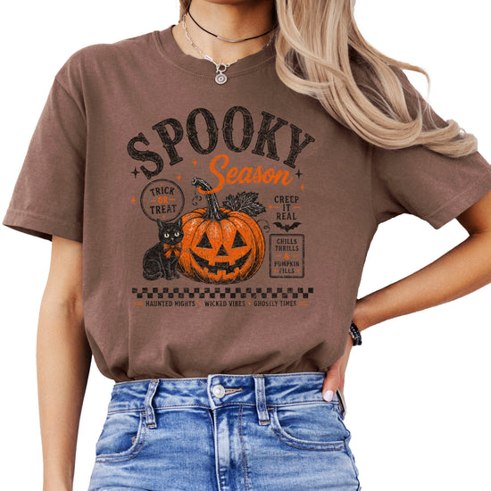 Spooky Season vintage Halloween pumpkin and black cat graphic tee in Espresso, front view