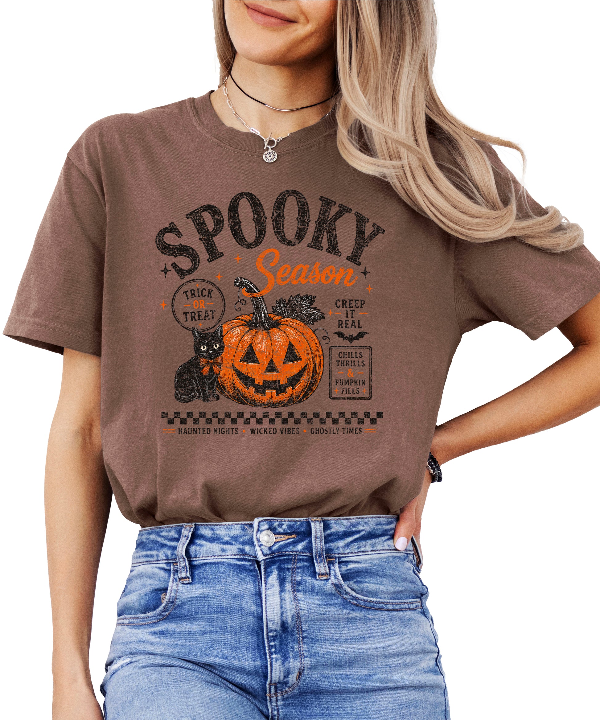 Spooky Season vintage Halloween pumpkin and black cat graphic tee in Espresso, front view