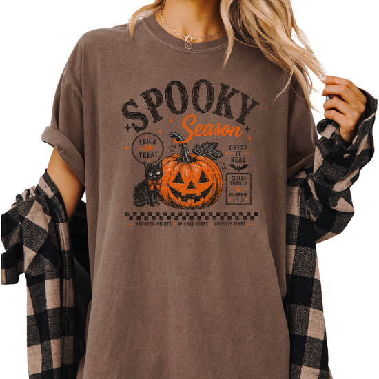 Spooky Season Halloween pumpkin black cat tee in Espresso, styled detail