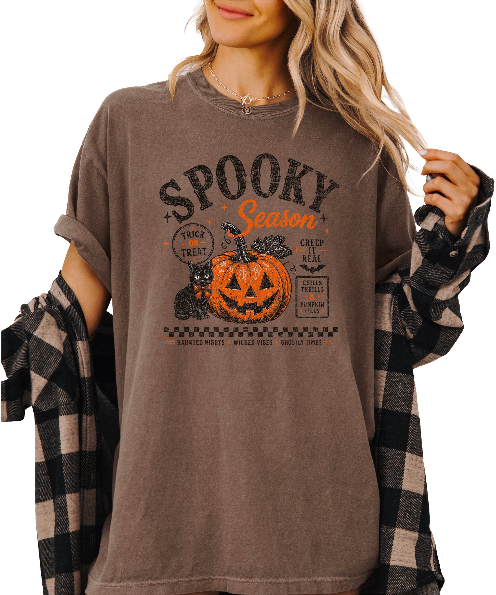 Spooky Season Halloween pumpkin black cat tee in Espresso, styled detail