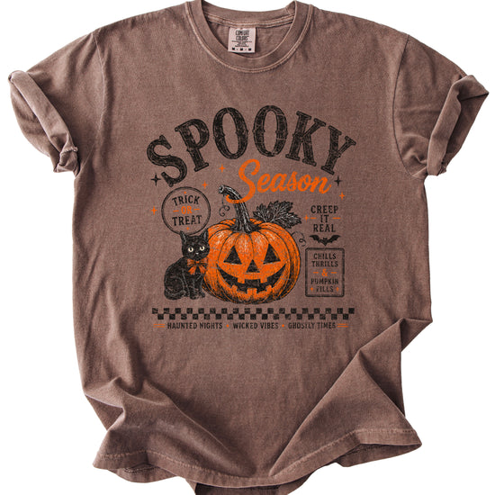 Spooky Season Halloween pumpkin black cat tee in Espresso, close up of retro poster print