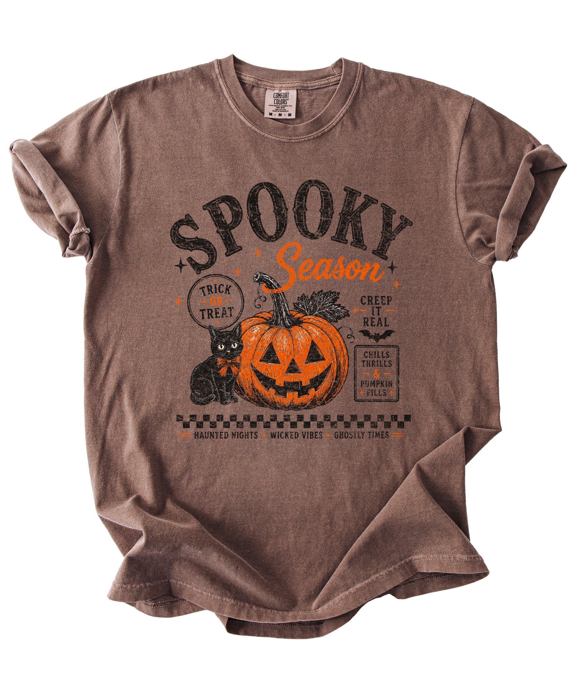 Spooky Season Halloween pumpkin black cat tee in Espresso, close up of retro poster print
