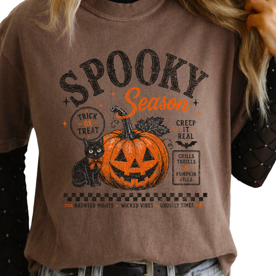 Spooky Season Halloween pumpkin black cat tee in Espresso, lifestyle shot