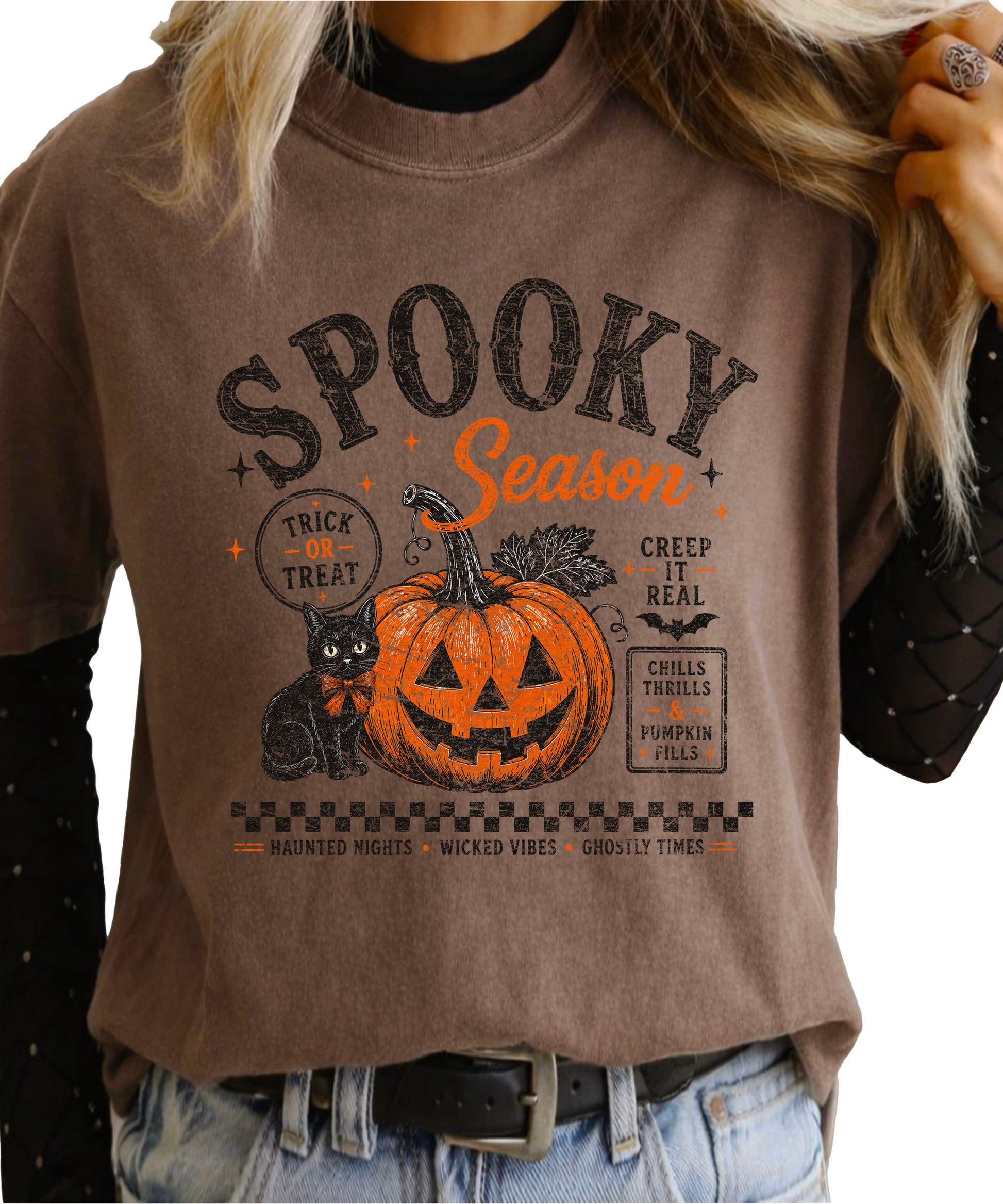 Spooky Season Halloween pumpkin black cat tee in Espresso, lifestyle shot
