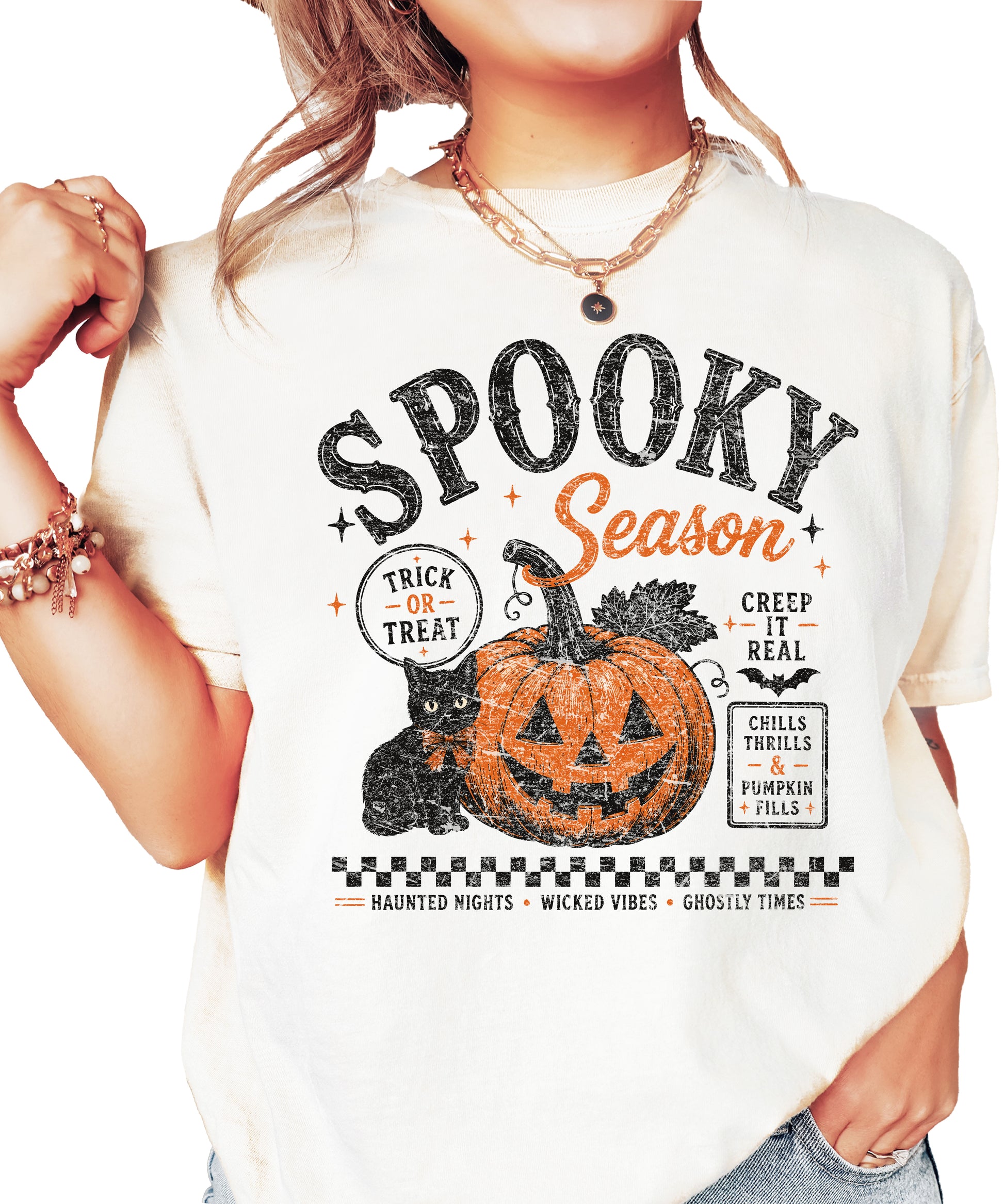 Spooky Season vintage Halloween pumpkin and black cat graphic tee in Ivory, front view