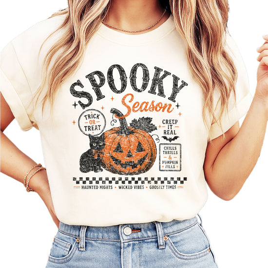 Spooky Season Halloween pumpkin black cat tee in Ivory, styled detail