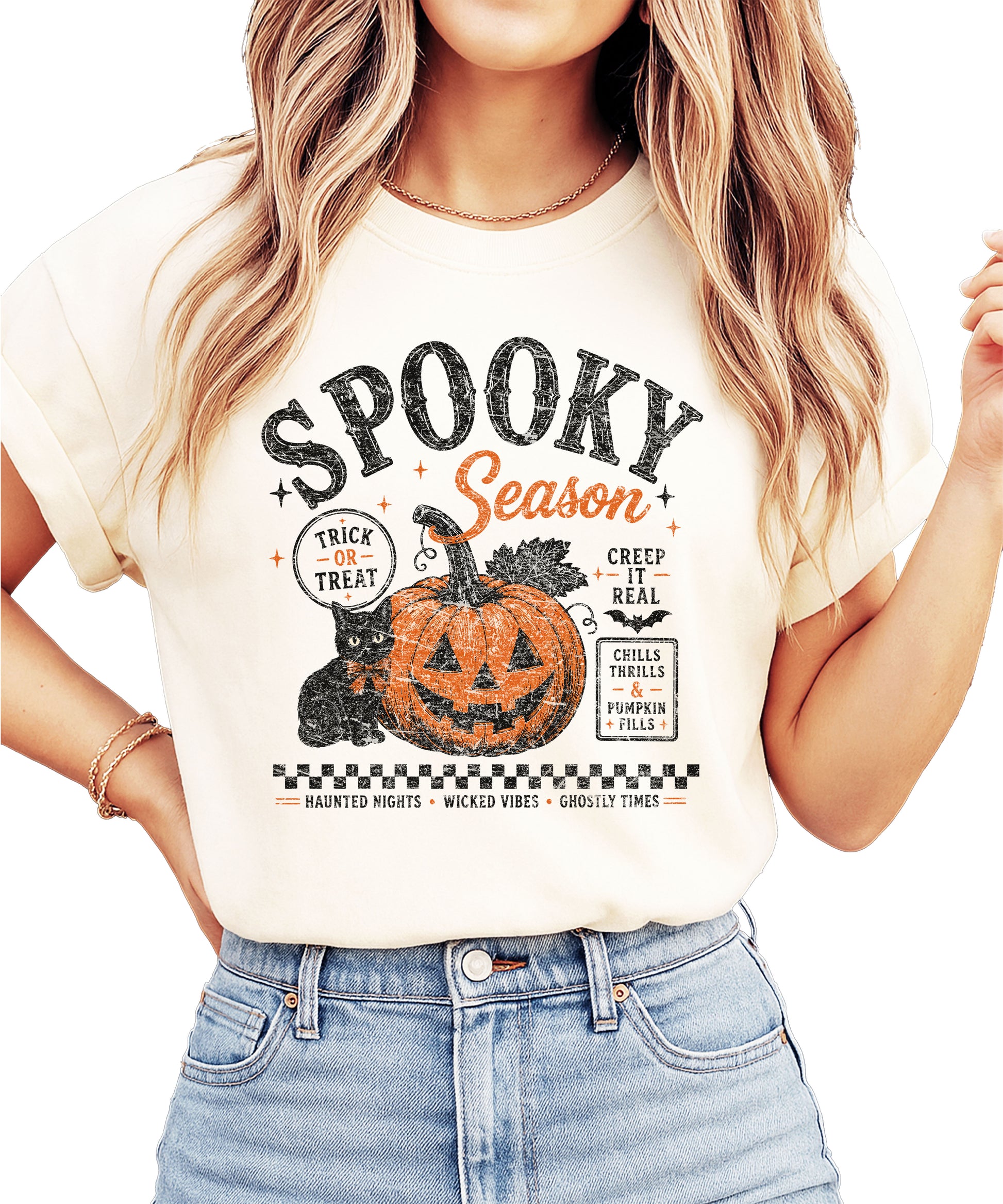 Spooky Season Halloween pumpkin black cat tee in Ivory, styled detail