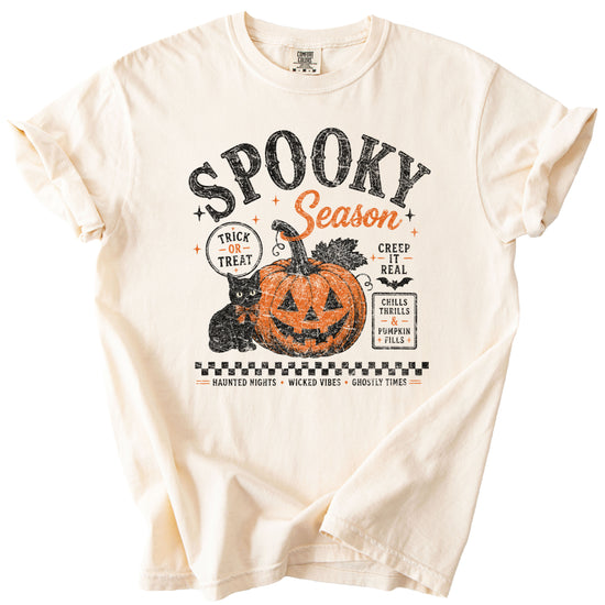 Spooky Season Halloween pumpkin black cat tee in Ivory, close up of retro poster print