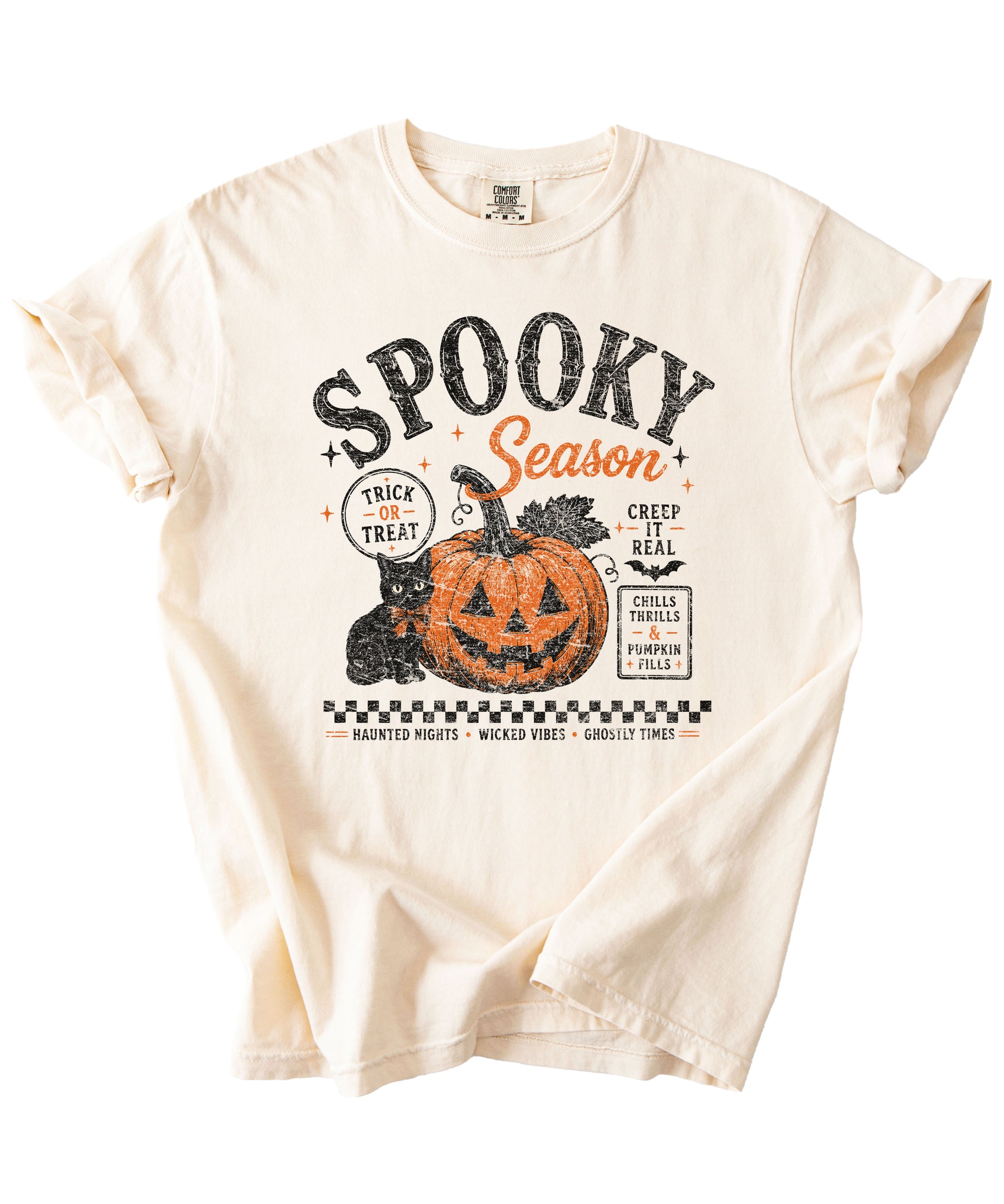 Spooky Season Halloween pumpkin black cat tee in Ivory, close up of retro poster print