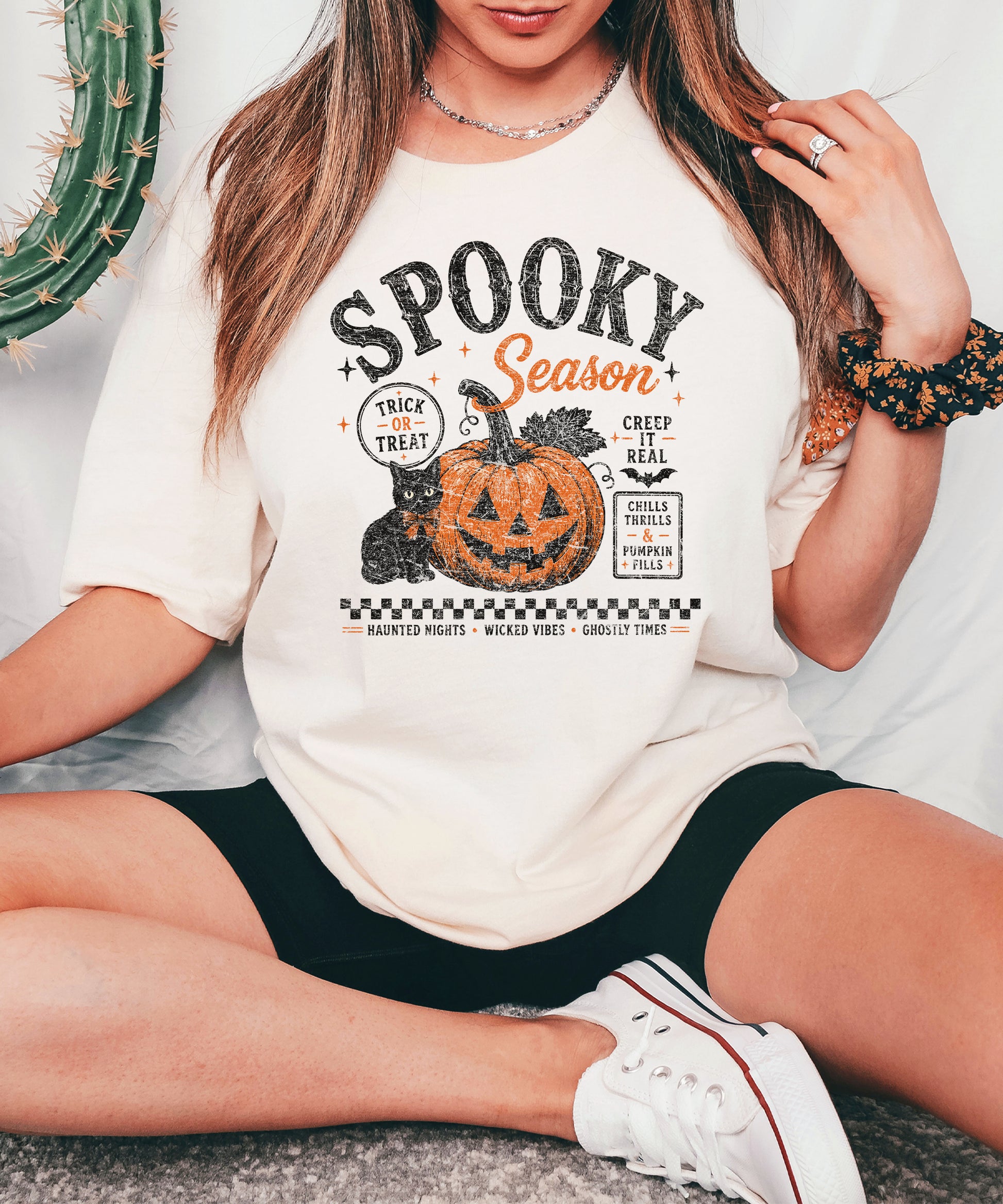 Spooky Season Halloween pumpkin black cat tee in Ivory, lifestyle shot