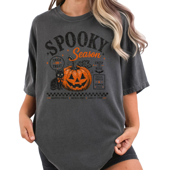 Spooky Season vintage Halloween pumpkin and black cat graphic tee in Pepper, front view