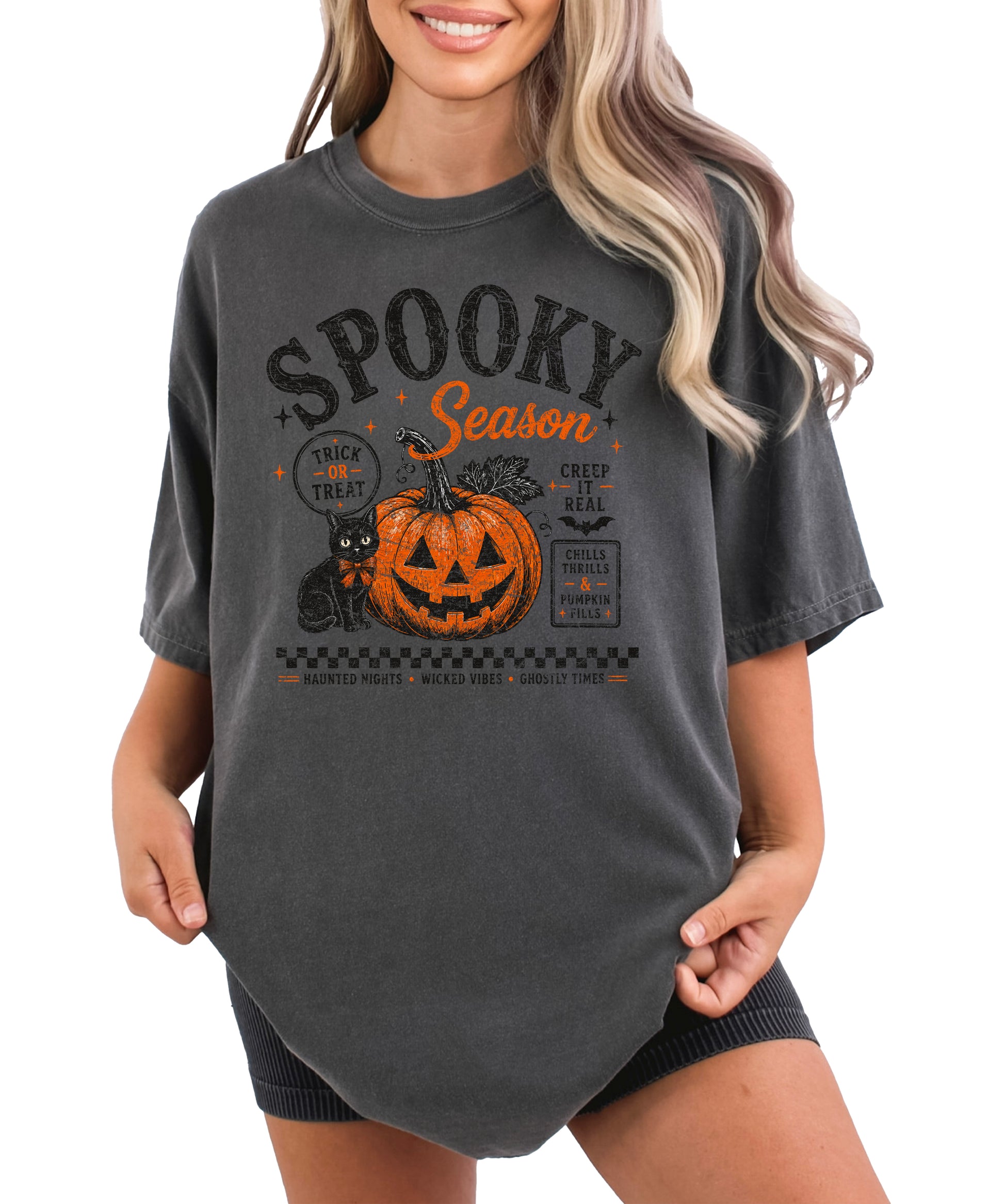 Spooky Season vintage Halloween pumpkin and black cat graphic tee in Pepper, front view