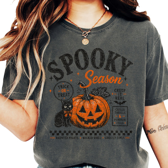 Spooky Season Halloween pumpkin black cat tee in Pepper, styled detail