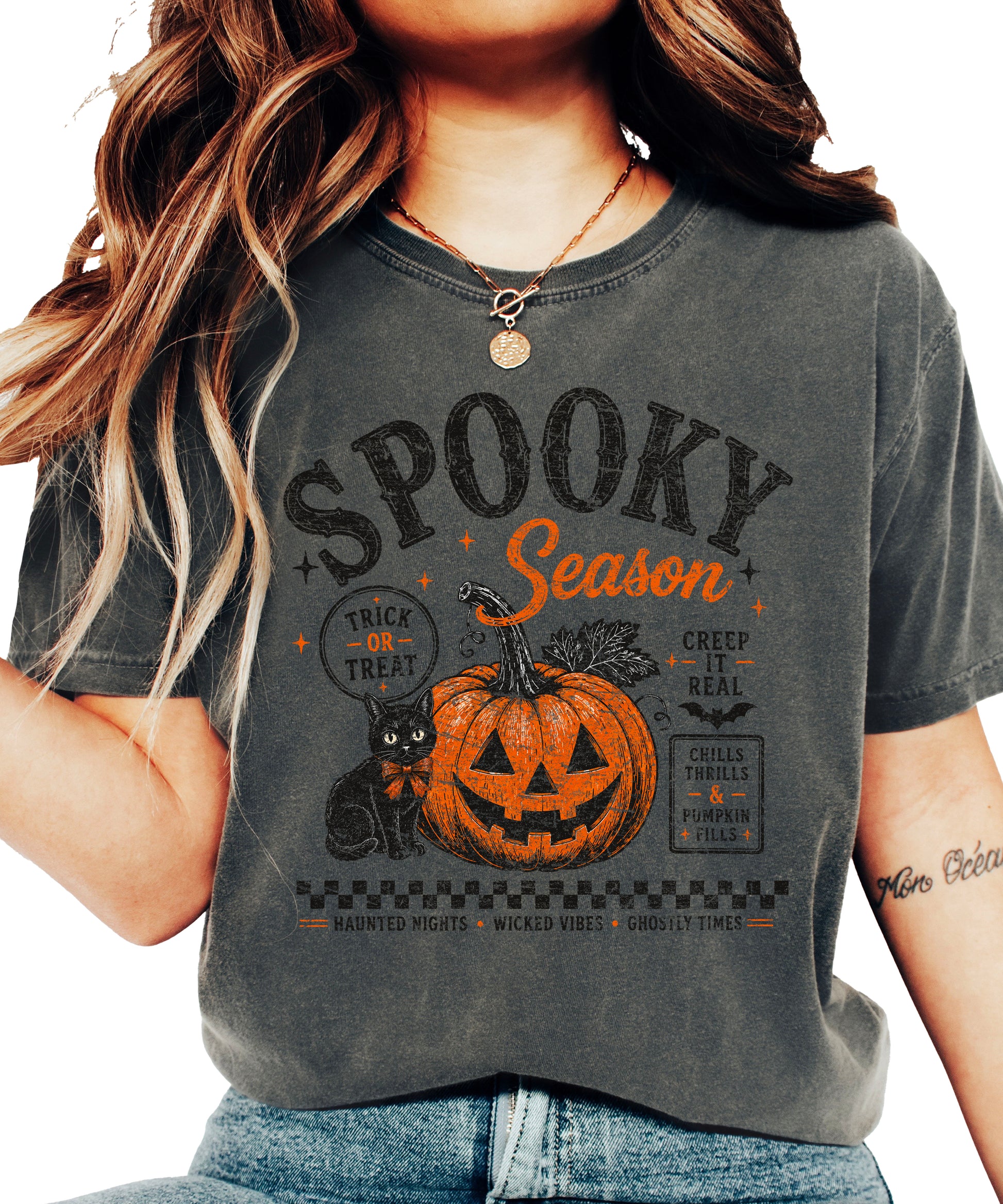 Spooky Season Halloween pumpkin black cat tee in Pepper, styled detail