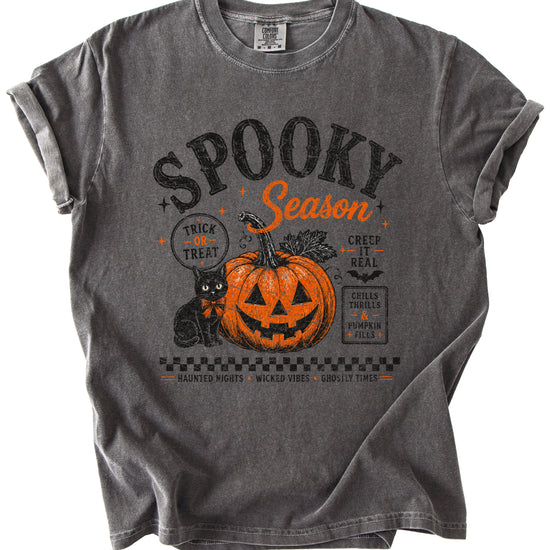 Spooky Season Halloween pumpkin black cat tee in Pepper, close up of retro poster print