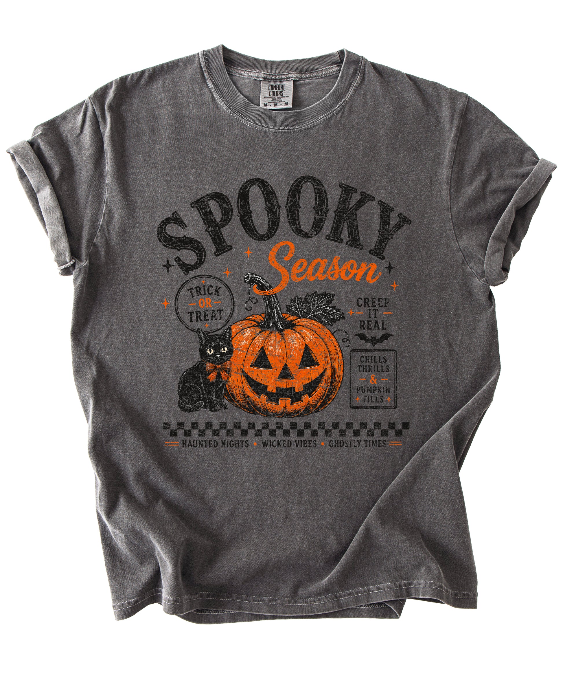 Spooky Season Halloween pumpkin black cat tee in Pepper, close up of retro poster print