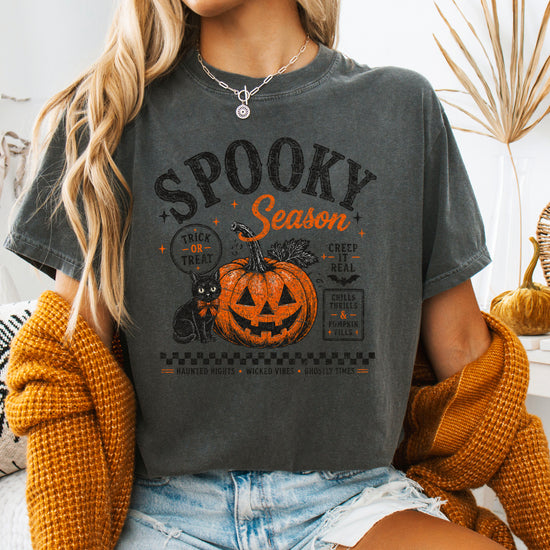 Spooky Season Halloween pumpkin black cat tee in Pepper, lifestyle shot