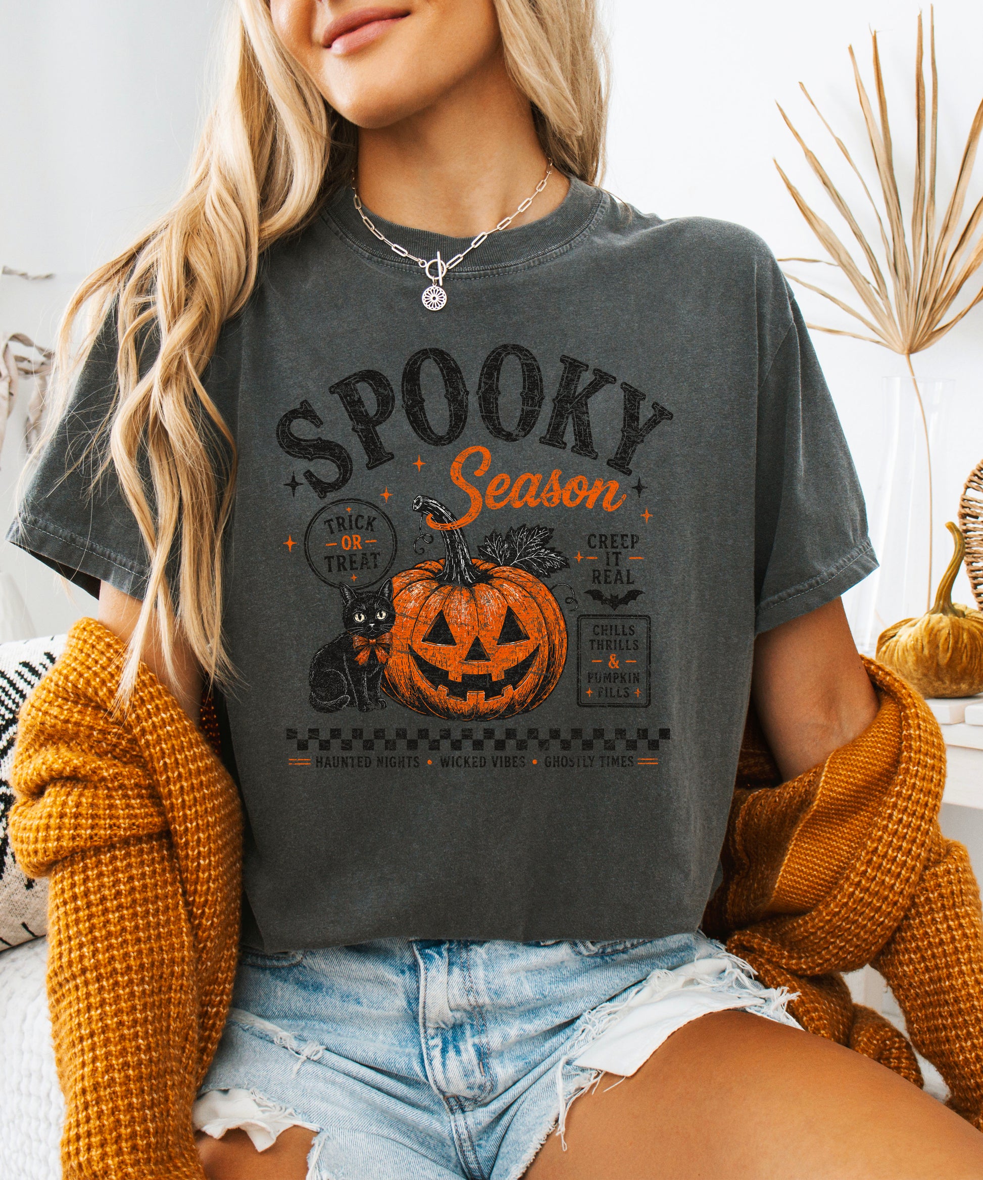Spooky Season Halloween pumpkin black cat tee in Pepper, lifestyle shot