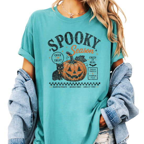Spooky Season vintage Halloween pumpkin and black cat graphic tee in Seafoam, front view