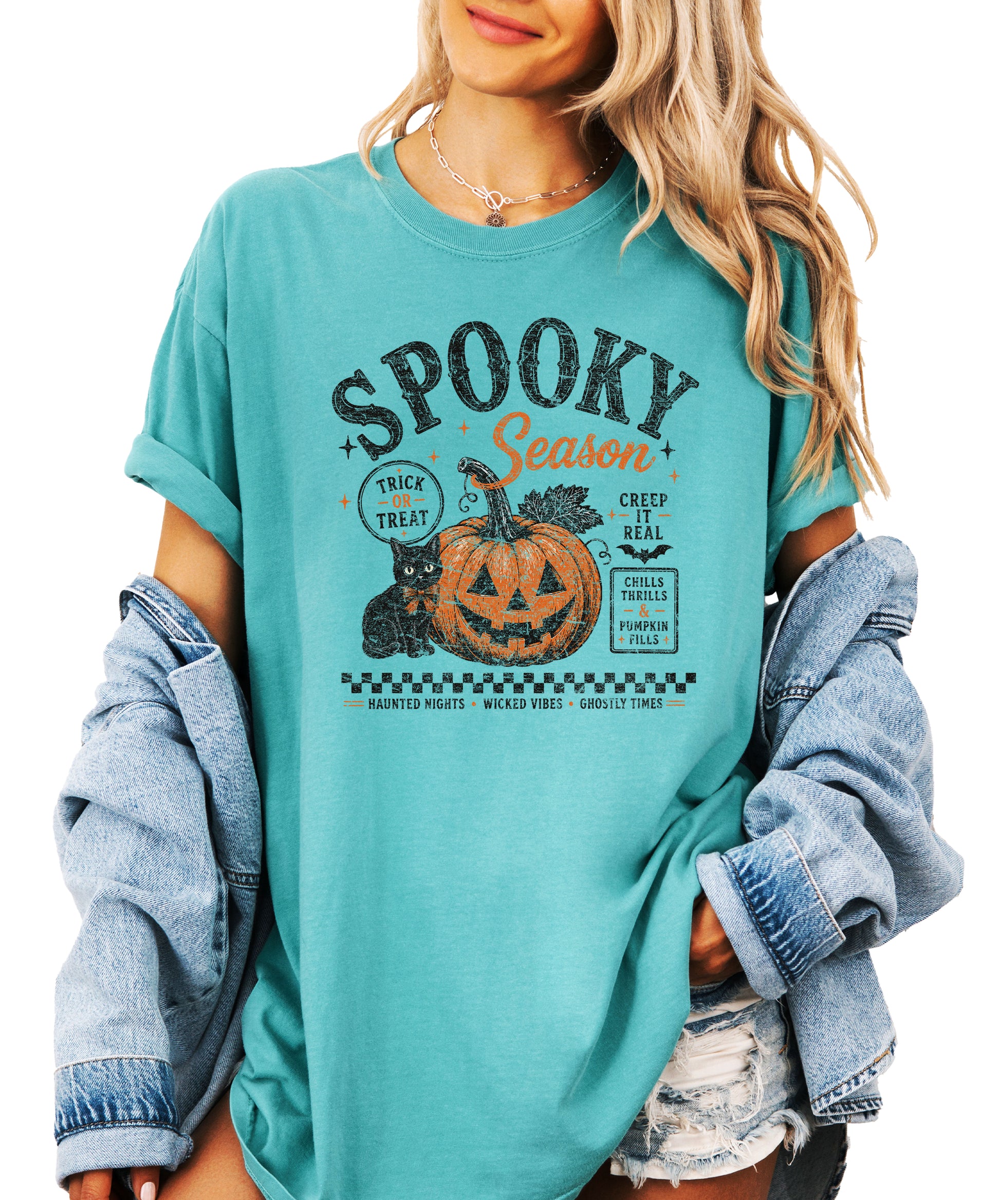 Spooky Season vintage Halloween pumpkin and black cat graphic tee in Seafoam, front view