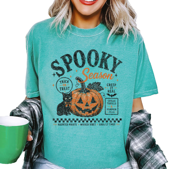 Spooky Season Halloween pumpkin black cat tee in Seafoam, styled detail