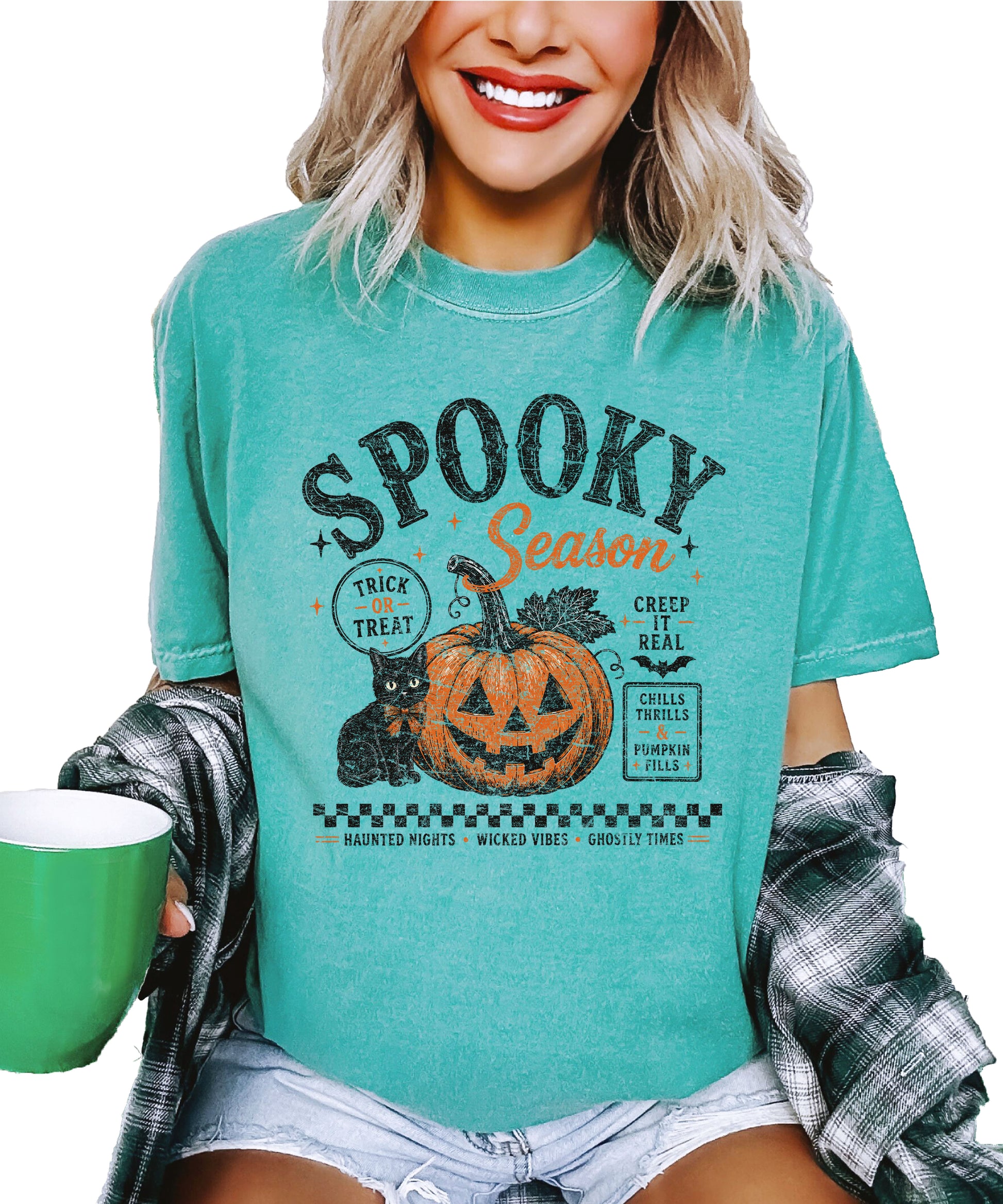 Spooky Season Halloween pumpkin black cat tee in Seafoam, styled detail