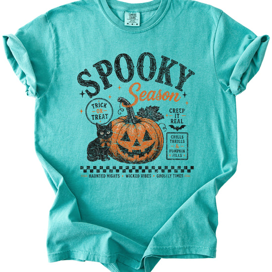 Spooky Season Halloween pumpkin black cat tee in Seafoam, close up of retro poster print