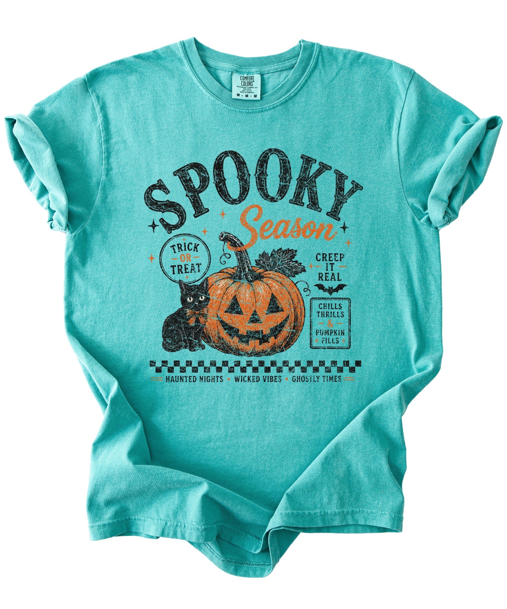 Spooky Season Halloween pumpkin black cat tee in Seafoam, close up of retro poster print