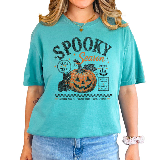 Spooky Season Halloween pumpkin black cat tee in Seafoam, lifestyle shot