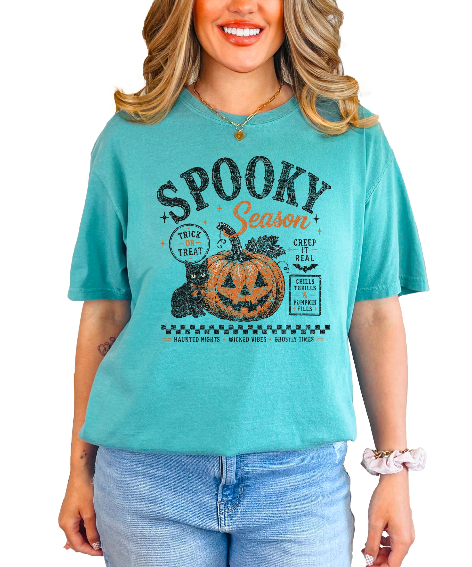 Spooky Season Halloween pumpkin black cat tee in Seafoam, lifestyle shot