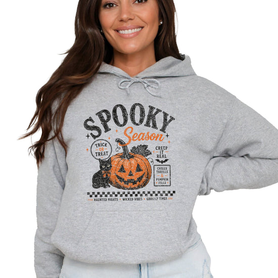 Gray hoodie with retro Halloween jack-o-lantern and black cat graphic, front view