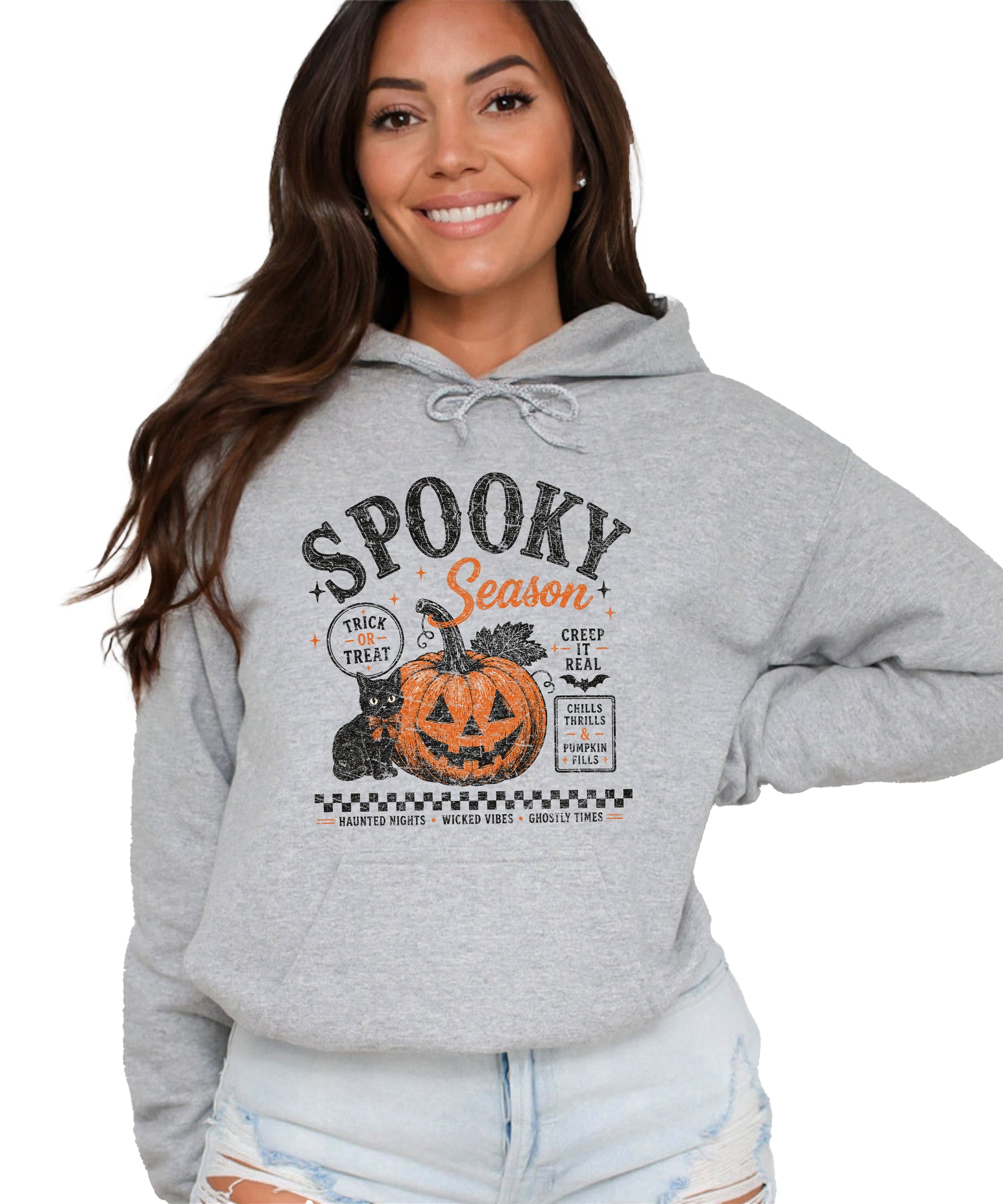 Gray hoodie with retro Halloween jack-o-lantern and black cat graphic, front view