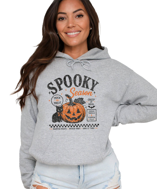 Gray hoodie with retro Halloween jack-o-lantern and black cat graphic, front view