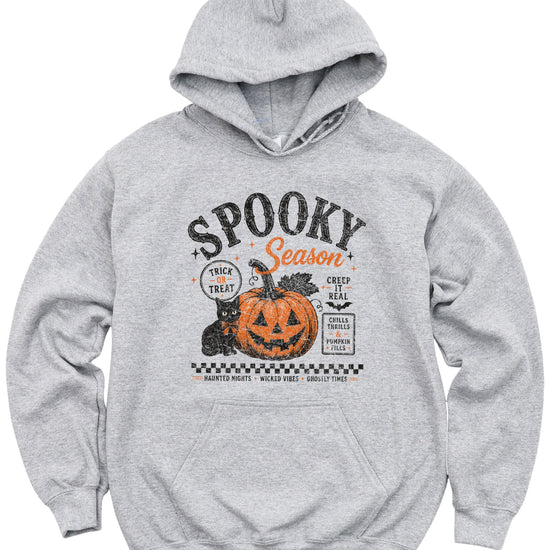 Gray Spooky Season hoodie, detail of vintage Halloween pumpkin and cat print