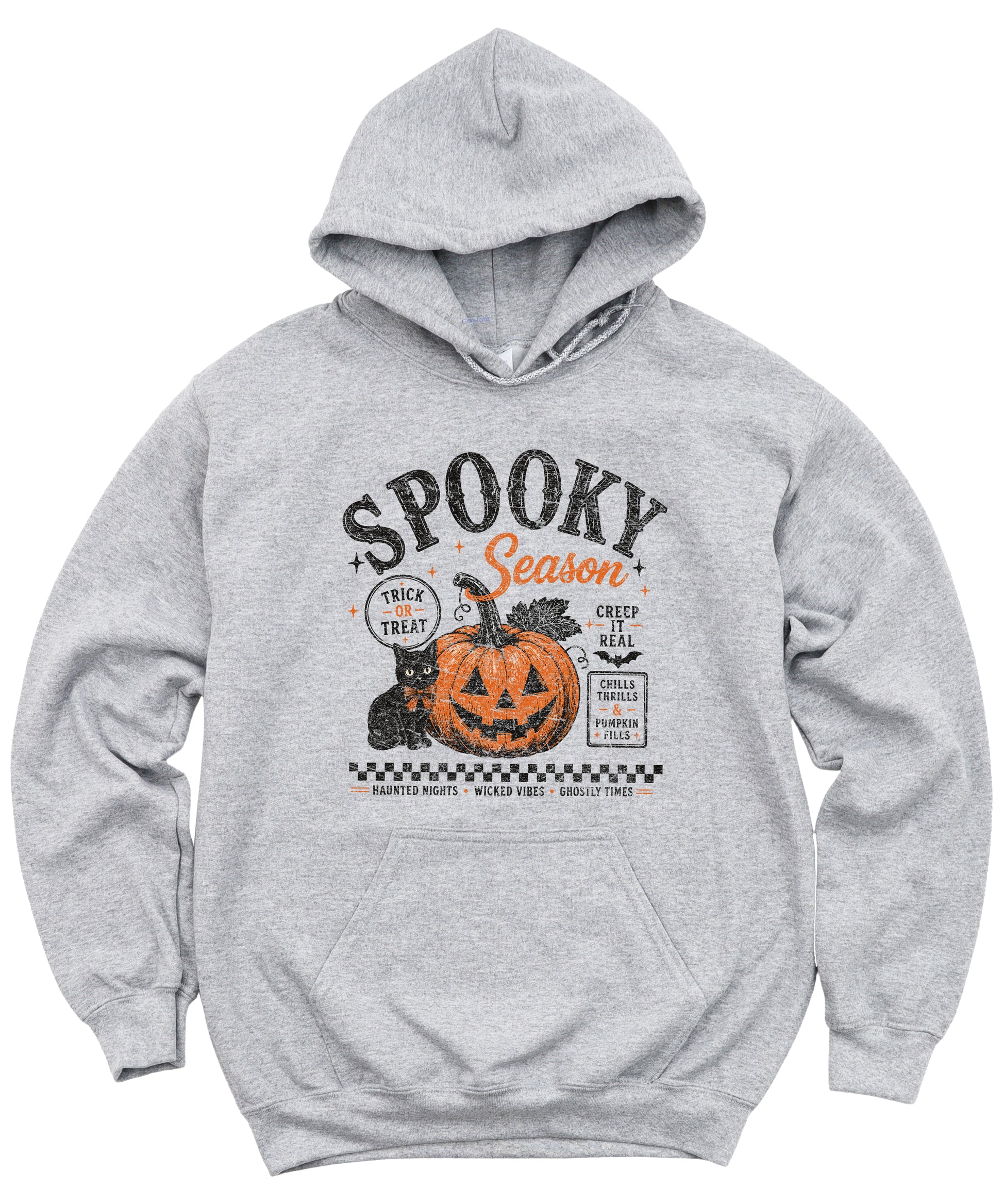 Gray Spooky Season hoodie, detail of vintage Halloween pumpkin and cat print