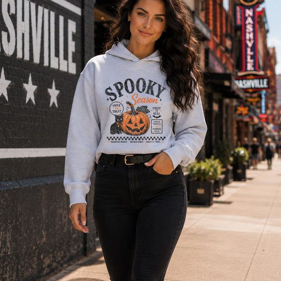 Gray Spooky Season Halloween hoodie shown on model, casual fall styling