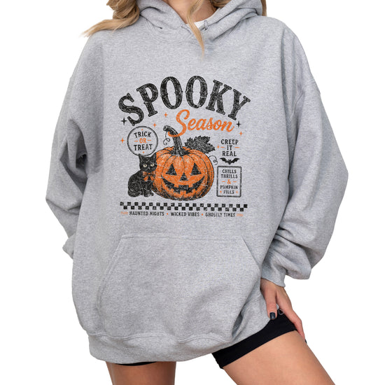 Gray Spooky Season hoodie, alternate view showing kangaroo pocket and drawstring hood