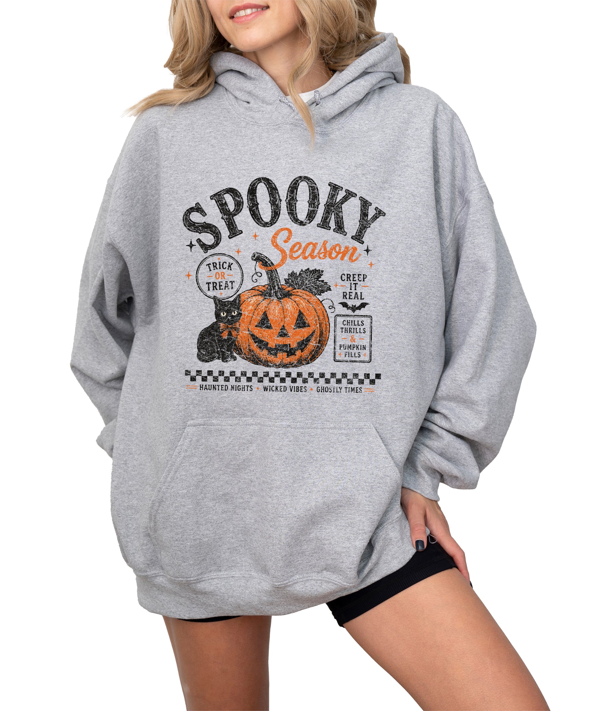 Gray Spooky Season hoodie, alternate view showing kangaroo pocket and drawstring hood