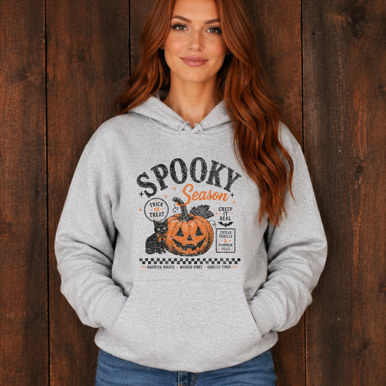 Gray Spooky Season Halloween pumpkin hoodie, lifestyle fall detail shot