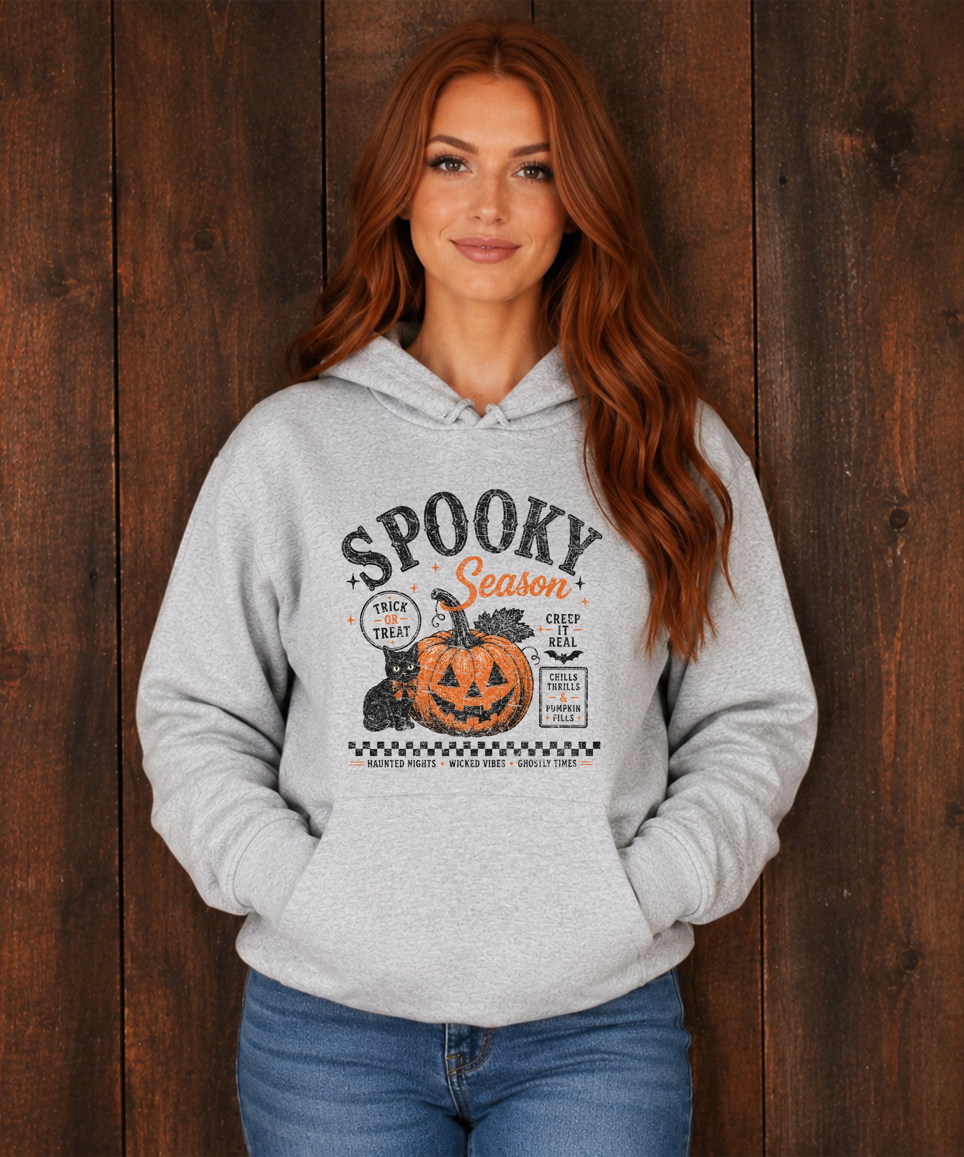 Gray Spooky Season Halloween pumpkin hoodie, lifestyle fall detail shot