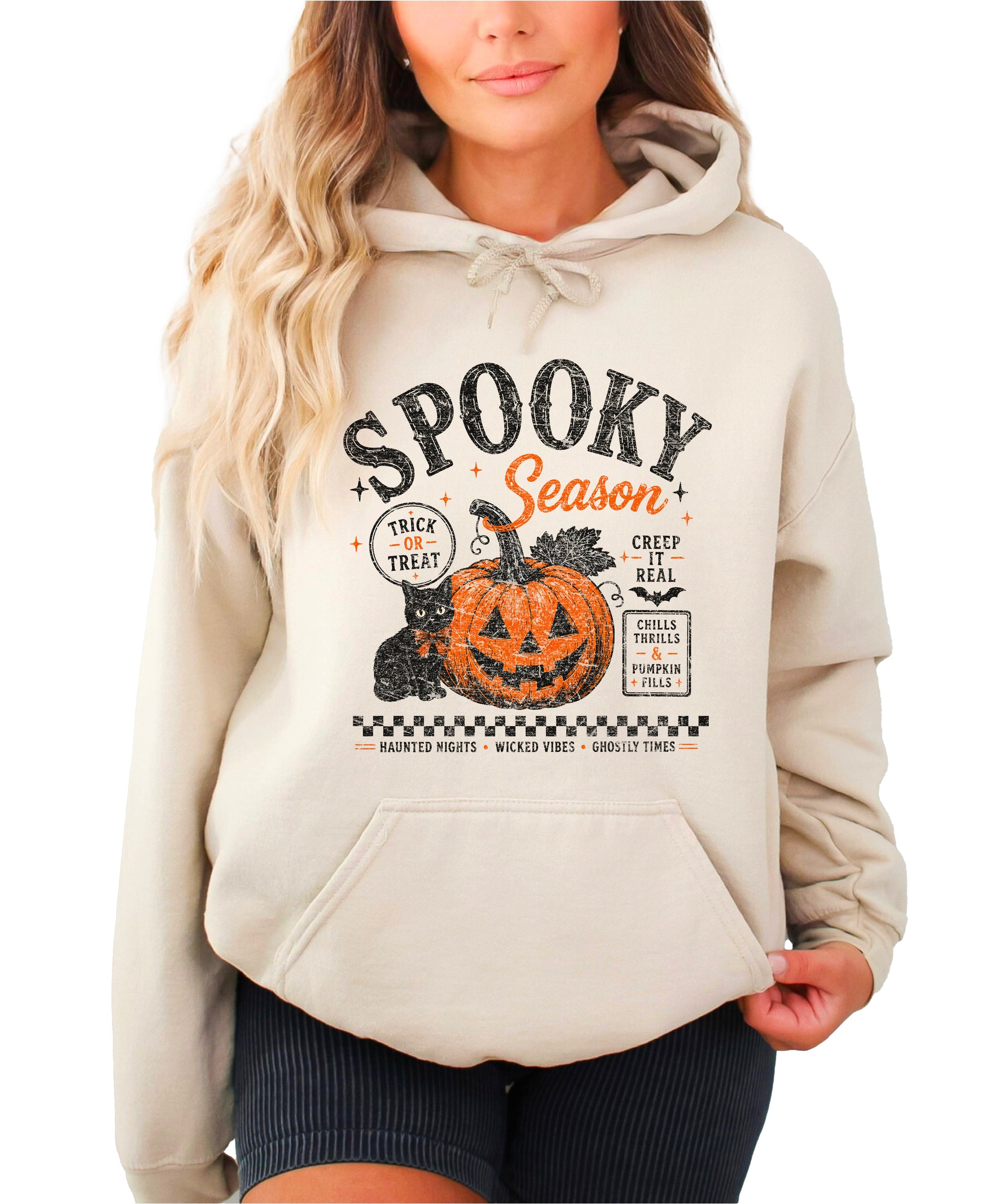Sand hoodie with retro Halloween jack-o-lantern and black cat graphic, front view