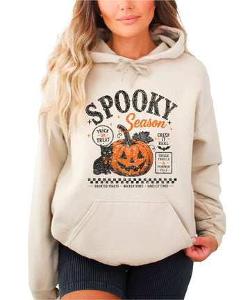 Sand hoodie with retro Halloween jack-o-lantern and black cat graphic, front view