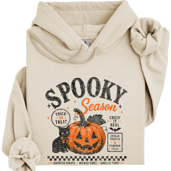 Sand Spooky Season hoodie, detail of vintage Halloween pumpkin and cat print