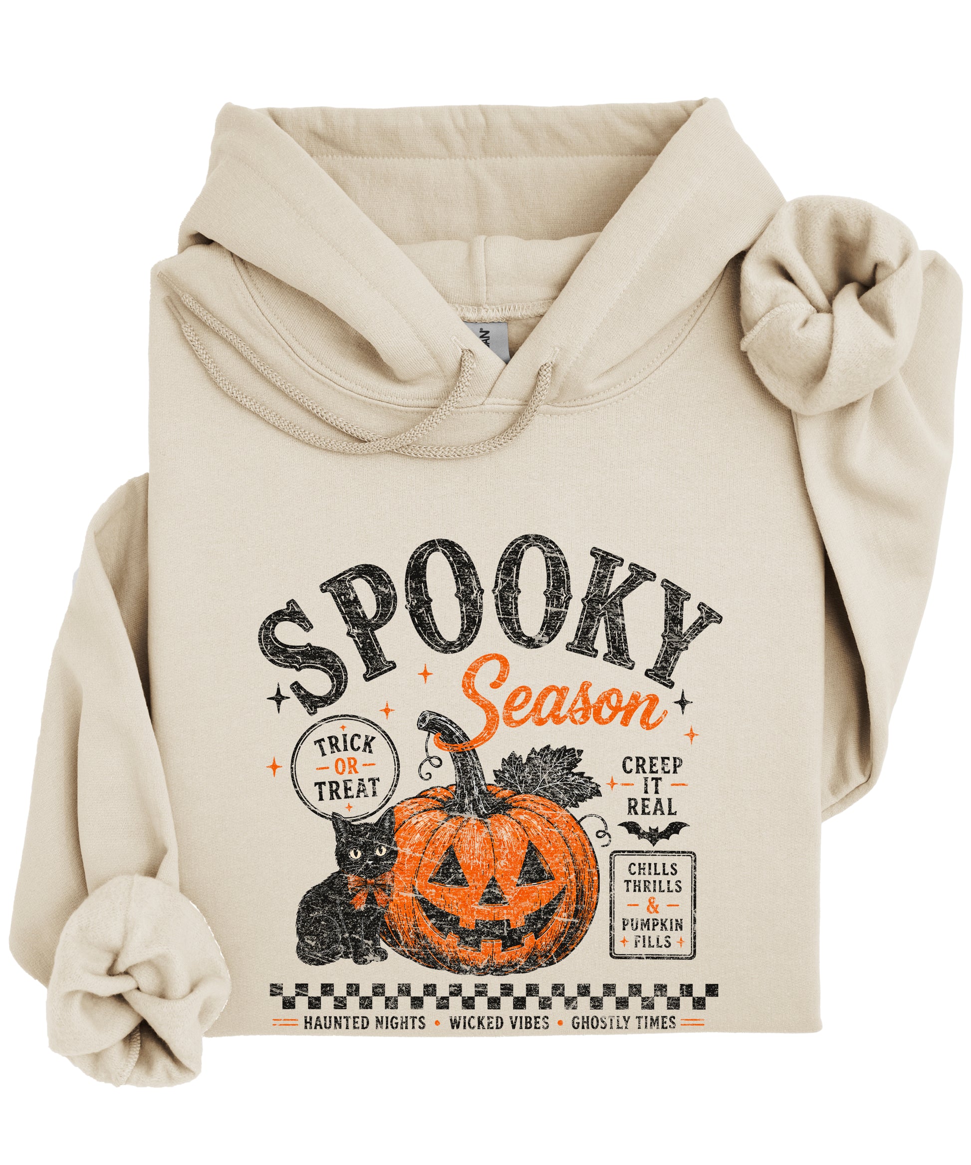 Sand Spooky Season hoodie, detail of vintage Halloween pumpkin and cat print