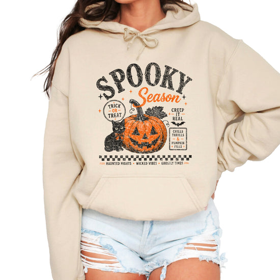 Sand Spooky Season Halloween hoodie shown on model, casual fall styling
